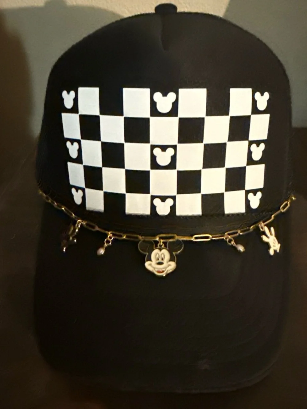 Checkerboard Cap with Mickey Charm Chain